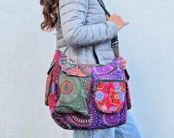 Sac à bandoulière brodé bohème : messager en coton de l'Himalaya, 6 poches