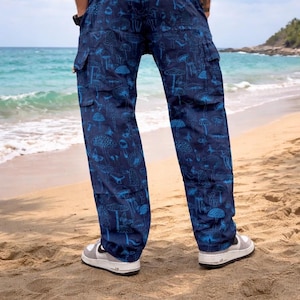 キノコ柄コットンカーゴパンツ｜ユニセックス ボヘミアン ヒッピー トラウザー