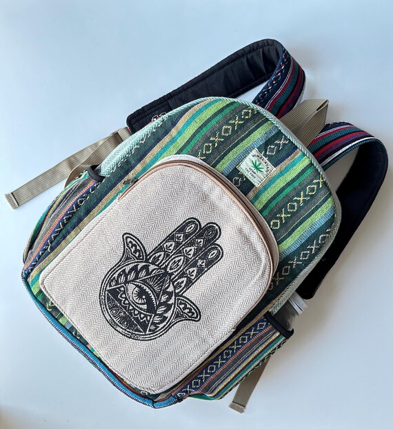 100% Hemp Multicolor Striped Backpack with Hamsa Front Pocket Buy Hemp Backpack 100% Himalayan, Multicolour Striped, Boho  main image 2