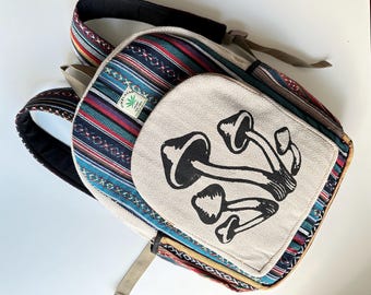 Mushroom Print Hemp Backpack: Handmade Organic Cotton Rucksack