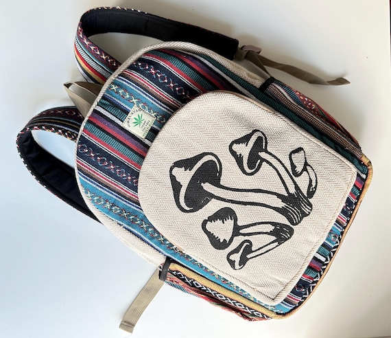 Mushroom Print Backpack with Stripes Handmade Mushroom Print Backpack: Hemp & Cotton Boho  main image 3
