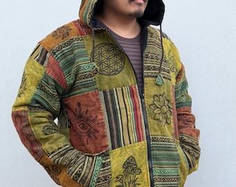 Sudadera con capucha unisex forrada de felpa y con diseño de patchwork: chaqueta hippie hecha a mano para festivales.