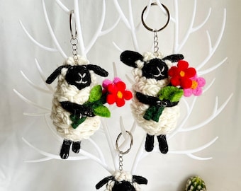 Needle Felted Sheep Keychain: Wool Ornament with Flowers, Fair Trade