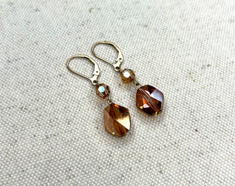 Copper Small Swarovski Crystal Drop Earrings with Gold Lever Backs