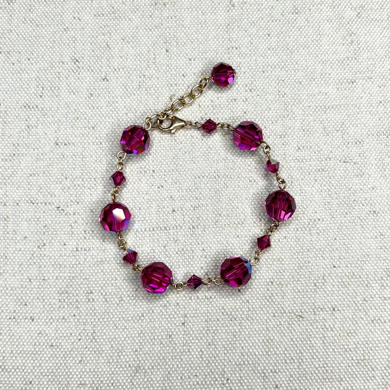 Swarovski pink fuchsia crystal bead adjustable bracelet with gold hardware