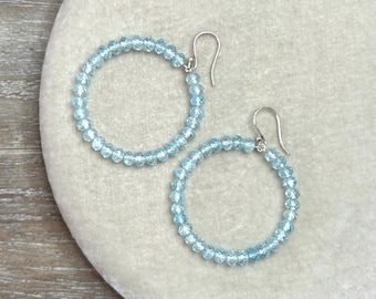 Swiss Blue Topaz 2 Inch Gemstone Hoop Earrings with Sterling Silver