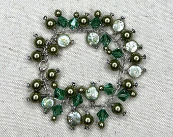 Green Crystal and Pearl Cluster Charm Bracelet | Cha Cha Style | Spring Jewelry Sale