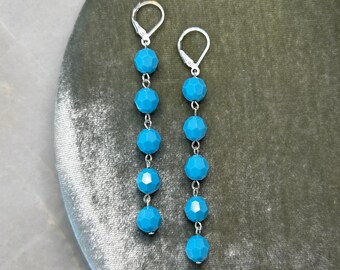 Turquoise Blue Swarovski Crystal Drop Earrings with Sterling Silver | Spring Summer Style for Weddings Bridesmaid Prom