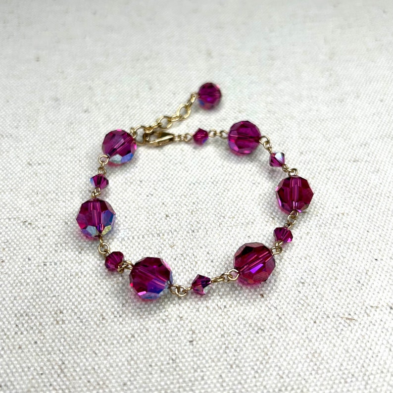 Swarovski pink fuchsia crystal bead adjustable bracelet with gold hardware