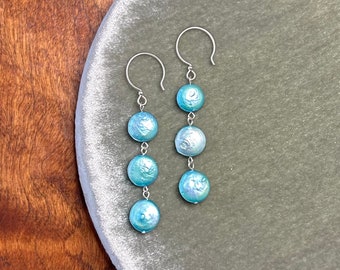 Blue Freshwater Pearl Drop Earrings with Silver Ear Wires | Colorful Handmade Jewelry | Spring Sale