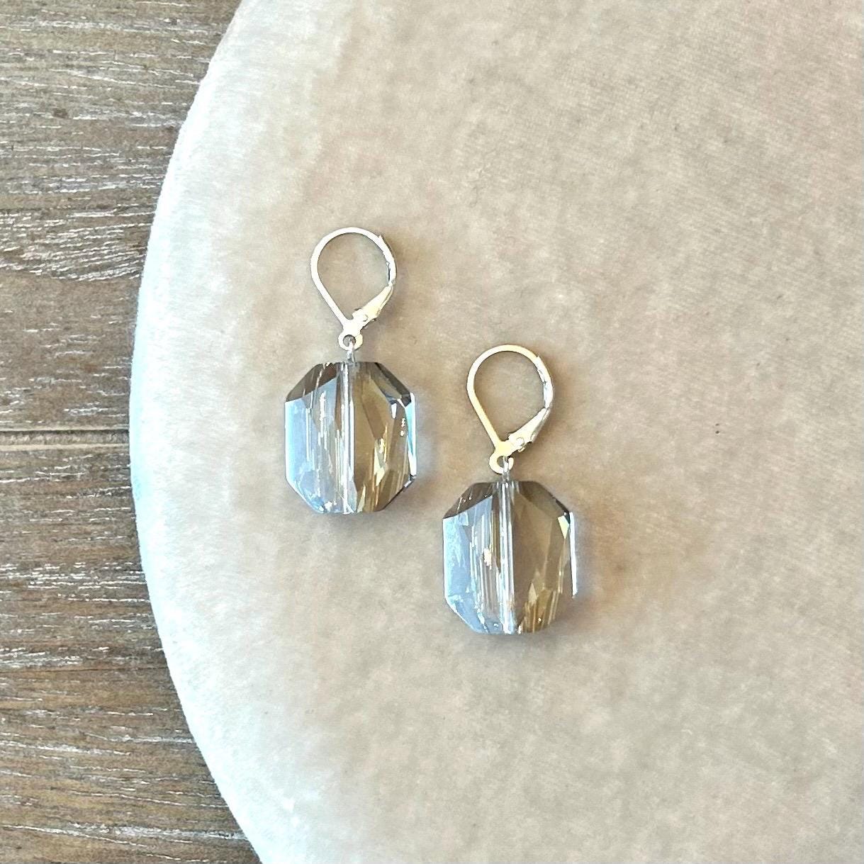 Swarovski Silvery Gray Large Faceted Crystal Drop Earrings with Sterling Silver