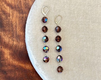 Mocha Swarovski Crystal Statement Earrings | Extra Long Beaded Drop Earrings