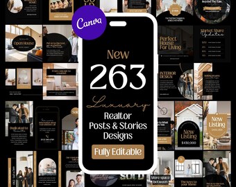 May include: A collage of 263 social media post and story designs for real estate agents. The designs feature a black and gold color scheme with images of houses, people, and text. The text includes phrases like "New Listing", "Perfect House for Living", and "Market Share Updates".