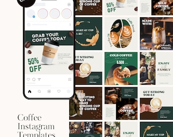 May include: A set of nine Instagram templates for a coffee shop. The templates feature images of coffee, coffee beans, and people enjoying coffee. The text on the templates includes phrases like "Grab Your Coffee Today", "Make My Cup A Bit", "Get Strong Today", "Cold Coffee Available", "Enjoy With Family", and "Mild Coffee".