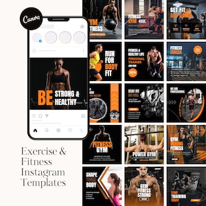 Könnte beinhalten: Eine Sammlung von 12 Instagram-Post-Vorlagen für ein Fitnessstudio oder ein Fitnessstudio. Die Vorlagen verfügen über schwarze und orangefarbene Farbschemata mit motivierenden Texten und Bildern von trainierenden Personen. Einige der Texte beinhalten "Sei stark und gesund", "Laufe für einen fitten Körper", "Fitnessstudio", "Kraftstudio", "Fitnessstudio stark", und "Beginne heute mit dem Training!"