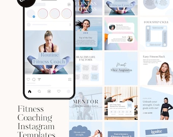 May include: A collection of Instagram post templates for fitness coaches. The templates feature a variety of designs, including photos of people exercising, motivational quotes, and tips for healthy living. The text on the templates includes phrases like "Routine Fitness Coach", "Healthy Life Factors", "Mentor Your Fitness Coach", and "Unleash Your Strength. Crush Goals With Me!"