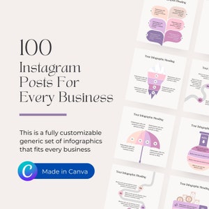 Może przedstawiać: Zbiór 100 konfigurowalnych szablonów postów na Instagramie dla firm. Szablony zawierają różne projekty infografik z różnymi kolorami i kształtami, w tym dymki, pasma górskie, parasol, kolbę i ścieżkę ze strzałkami. Tekst "100 postów na Instagramie dla każdego biznesu" jest wyświetlany u góry obrazu. Tekst "Zrobione w Canva" jest wyświetlany u dołu obrazu.