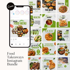Paquete de 50 plantillas de comida para llevar / Publicaciones de Instagram para llevar / Plantilla Canva para Instagram / Plantillas para negocios de comida / Paquete de Instagram para llevar