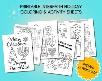 Interfaith Holiday Activity Bundle: Hanukkah & Christmas Coloring Pages, Maze, and Crossword