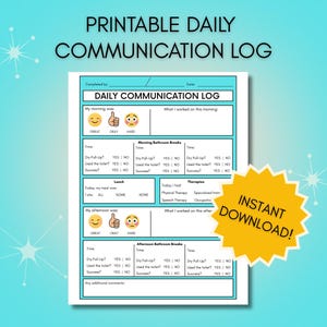 Op de afbeelding: Een afdrukbaar dagelijks communicatielogboek met secties voor ochtend-, lunch- en middagactiviteiten. Het logboek bevat ruimtes voor het registreren van emoties, toiletpauzes en therapieën. De tekst "Printable Daily Communication Log" staat bovenaan.