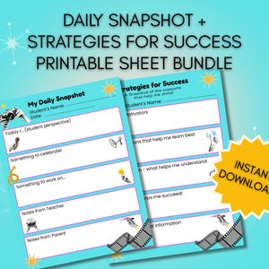 Może przedstawiać: Zestaw arkuszy do druku w kolorze turkusowym z podpowiedziami do codziennej refleksji i strategii sukcesu. Tekst zawiera "Daily Snapshot + Strategies for Success" i "Instant Download!"
