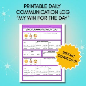 Puede incluir: Registro de comunicación diario imprimible titulado "Mi victoria del día" con secciones para la mañana, el almuerzo y la tarde. Incluye espacio para notas y una sección etiquetada "¡Descarga instantánea!"