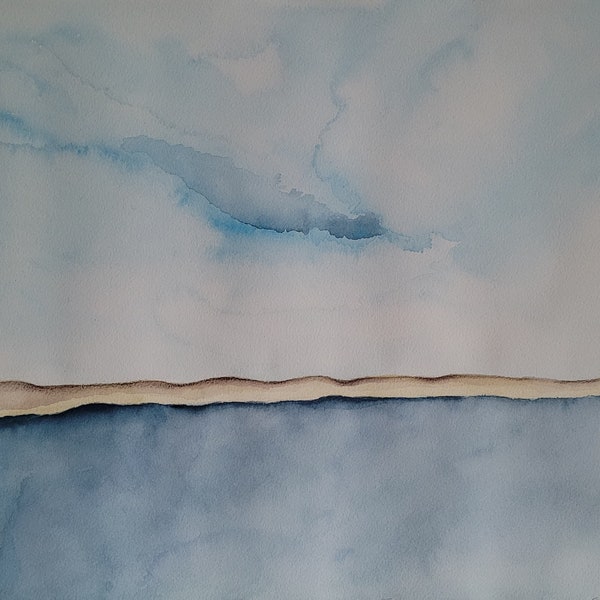 Giclée print of original watercolour painting of abstract minimalistic seascape, sea, ocean, lake, aquarelle, blue