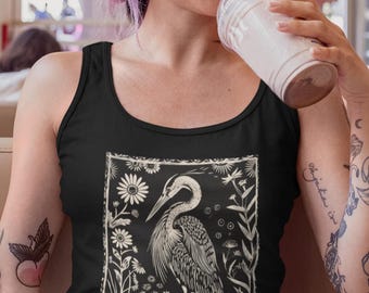 Camiseta sin mangas con estampado de arte popular de garza azul / Camiseta de algodón Comfort Colors para amantes de las aves