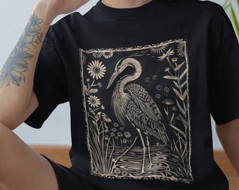 Great Blue Heron Block Print Unisex Comfort Colors T-shirt | Heron T-Shirt | Bird Watching Tee | Birding T-Shirt | Folk Art T-Shirt