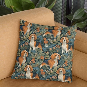 Coussin décoratif à imprimé botanique Beagle | Oreiller décoratif | Cadeau beagle | Oreiller inspiré de William Morris | Cadeau pour amoureux des chiens