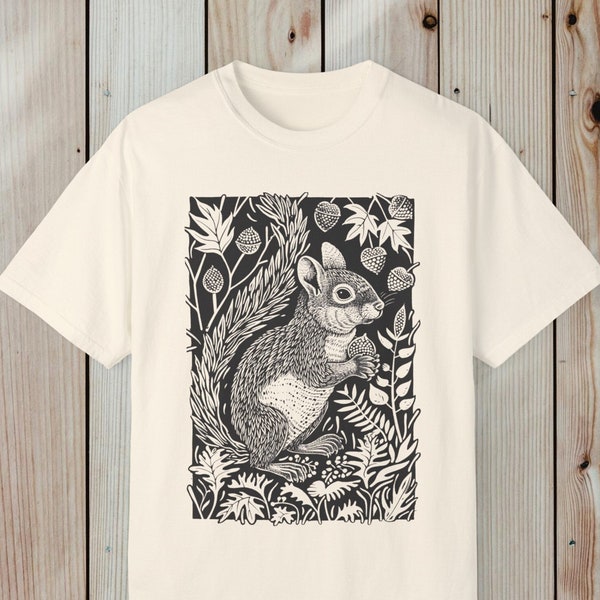 Woodland Squirrel Block Print Unisex Comfort Colors T-shirt | Squirrel Lover T-Shirt | Animal Lover Tee | Folk Art T-Shirt