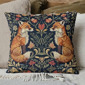 Fox Print Botanical Throw Pillow | Fox Print Pillow | Forestcore Pillow | William Morris Inspired Pillow | Decorative Rabbit Pillow