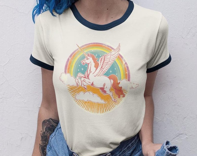 Sparkling Pegasus Vintage Style Cotton Ringer T-Shirt | Retro Aesthetic Oversized Shirt | Pegasus Gift | 1970's style tee | Rainbow Tee