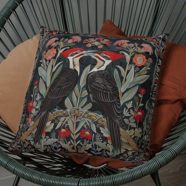 Pileated Woodpecker Print Botanical Throw Pillow | Woodpecker Print Pillow | Bird Watcher Gift | Forestcore Pillow | William Morris Inspired