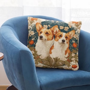 William Morris Corgi Inspired Throw Pillow: Botanical Dog Lover Gift