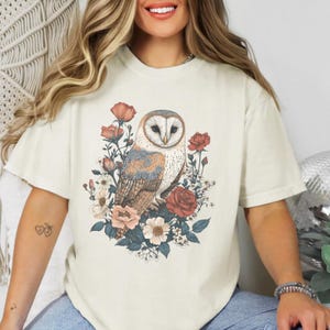 Barn Owl & Roses T-Shirt | Unisex Comfort Colors Tee | Boho Aesthetic Nature Shirt | Bird Lover Gift | Owl Lover Gift | Bird Watcher TShirt