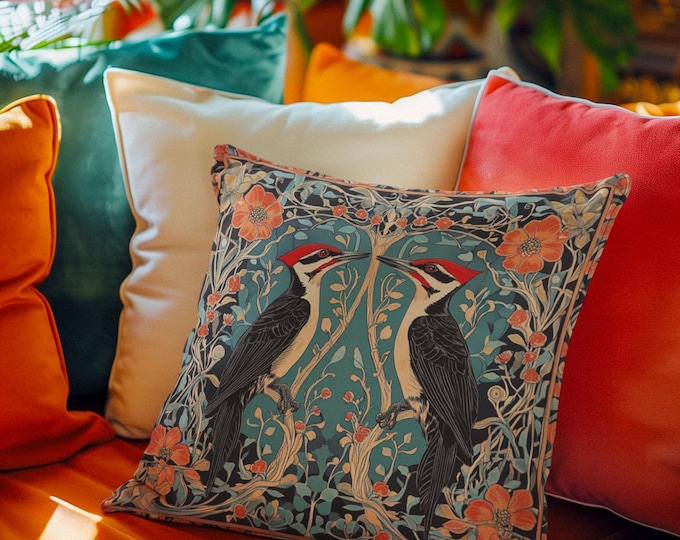 Pileated Woodpeckers Floral Throw Pillow | Bird Print Couch Pillow | William Morris Inspired Pillow | Decorative Woodpecker Pillow