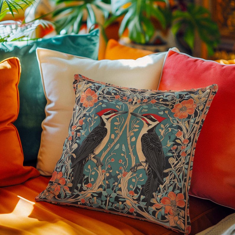 May include: A decorative throw pillow with a blue and green floral pattern featuring two black and red woodpeckers. The pillow is on a couch with other pillows in orange, red, and teal.