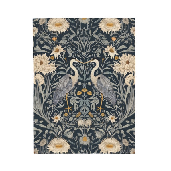 Great Blue Heron Plush Blanket | William Morris Inspired Blanket | Heron Throw Blanket | Cottagecore Blanket | Decorative Throw Blanket