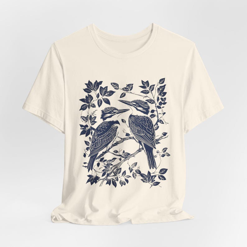 T-shirt met ijsvogels en blokprint: cadeau voor vogelaar Natural
