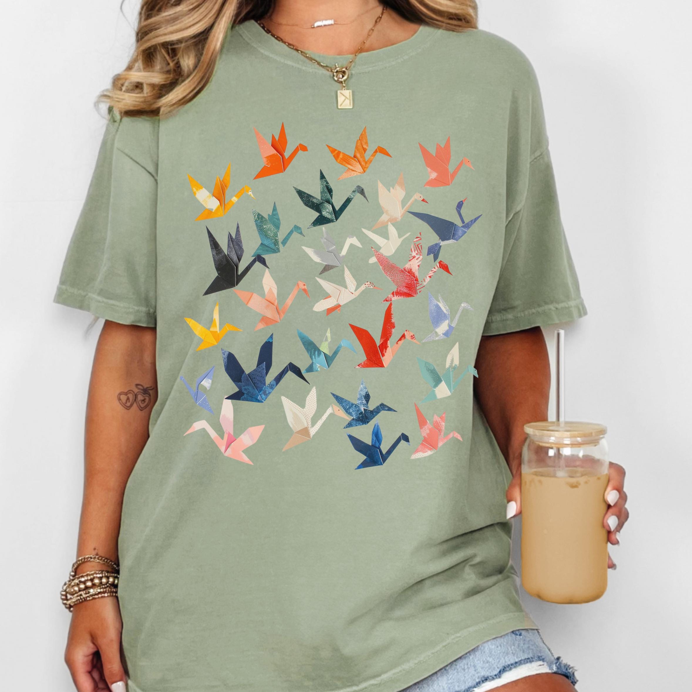 Origami Cranes Print Unisex Comfort Colors T-shirt | Bird Lover Gift | Crane Tee | Nature T-Shirt | Boho Aesthetic T-Shirt