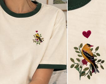Embroidered Goldfinch Oversized Unisex ringer t-shirt | Bird Lover Retro Tee