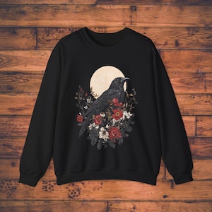 Celestial Crow beneath the Moon Crewneck Sweatshirt | Unisex Sweatshirt | Cozy Fall Raven Sweatshirt | Crow Lover Gift | Halloween Aesthetic