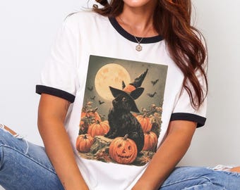 Retro Black Rabbit Halloween Ringer Tee | Oversized Cotton Cute Vintage Aesthetic Unisex T-Shirt