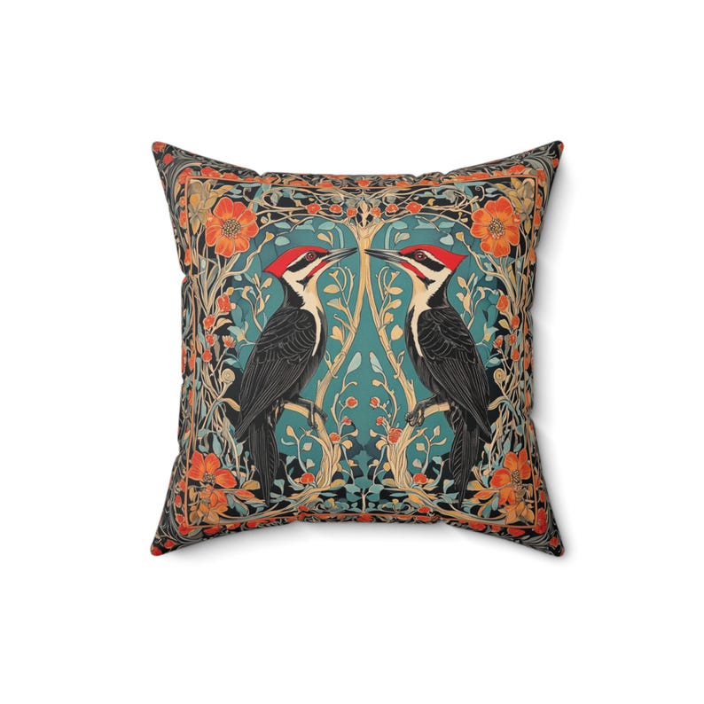 Pileated Woodpeckers Floral Throw Pillow | Bird Print Couch Pillow | William Morris Inspired Pillow | Decorative Woodpecker Pillow image 5