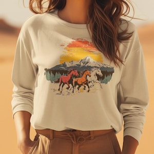 Wild Horses Retro Crewneck Sweatshirt | Horses Sunset Unisex Crewneck | Animal Lover Gift | Unisex Sweatshirt | Horse Block Print Crewneck