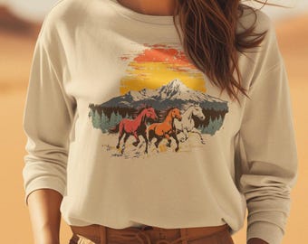 Wild Horses Retro Crewneck Sweatshirt | Horses Sunset Unisex Crewneck | Animal Lover Gift | Unisex Sweatshirt | Horse Block Print Crewneck