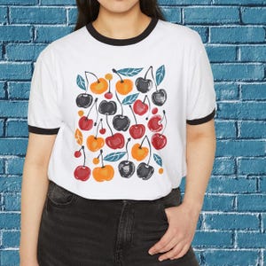 Retro Cherry Print Cotton Ringer T-Shirt | Unisex Cotton Tee image 8