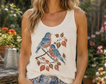 Camiseta sin mangas teñida en prenda con estampado de pájaros azules de Comfort Colors / Camiseta unisex extragrande de algodón con estampado de pájaros de Comfort Colors