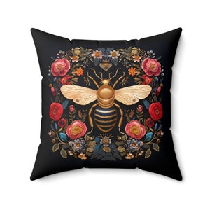 Cojín decorativo botánico Golden Bee: efecto bordado, decoración bohemia para el hogar. imagen 4